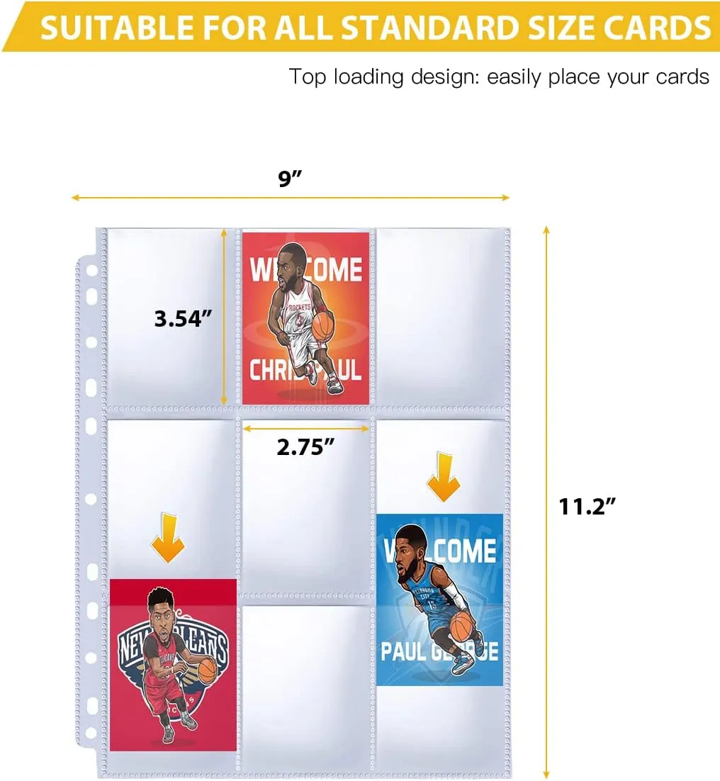9 Pocket Page Protector, 200 Pack Trading Card Sleeve, Baseball Card Sheets for 3 Ring Binder, for Skylanders, MTG, Coupon, Game Cards, Trading Cards, Football Cards