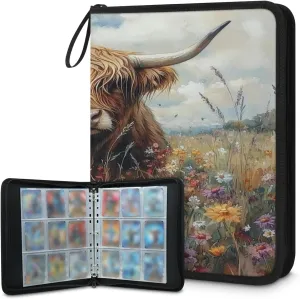 900 Card Binder 9 Pocket Flowers Paint Highland Cow Portable Trading Cards Holder Collector Album for Sports Game Cards 50 Pages Removable Sleeves Double Sided Pocket Sturdy Zipper Gifts Ready