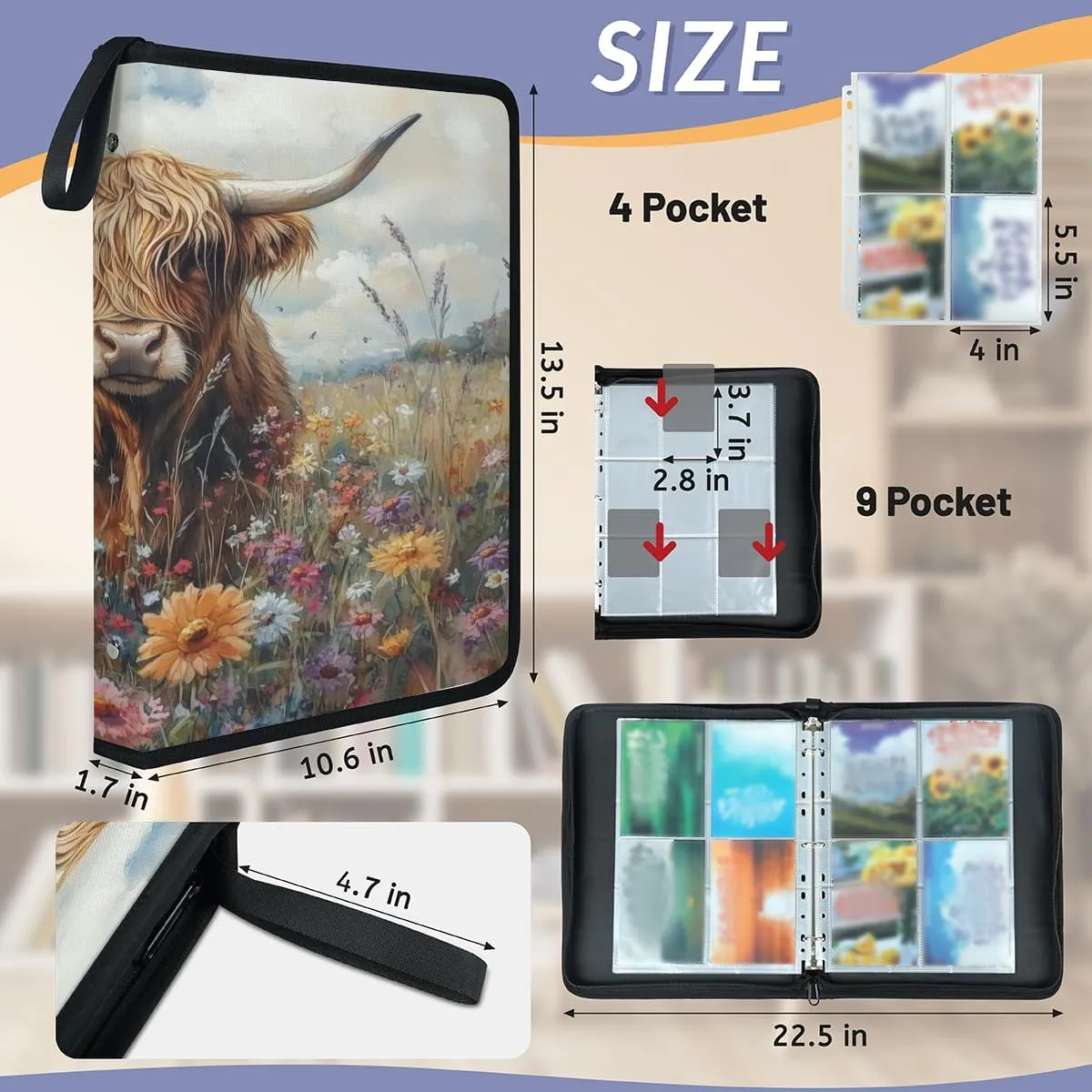 900 Card Binder 9 Pocket Flowers Paint Highland Cow Portable Trading Cards Holder Collector Album for Sports Game Cards 50 Pages Removable Sleeves Double Sided Pocket Sturdy Zipper Gifts Ready