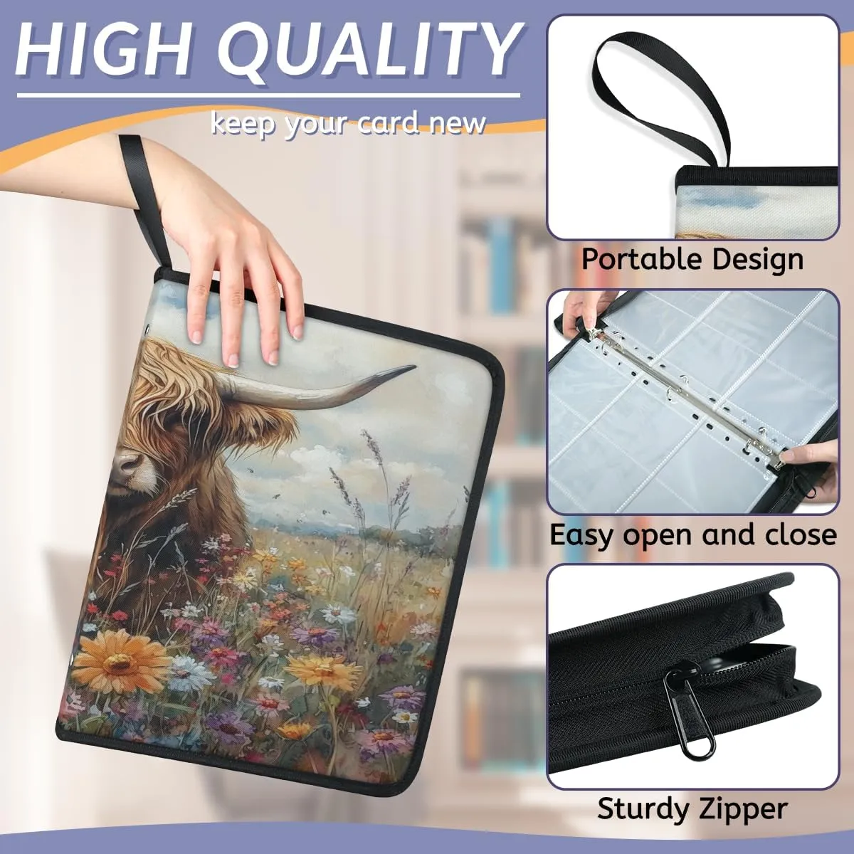900 Card Binder 9 Pocket Flowers Paint Highland Cow Portable Trading Cards Holder Collector Album for Sports Game Cards 50 Pages Removable Sleeves Double Sided Pocket Sturdy Zipper Gifts Ready