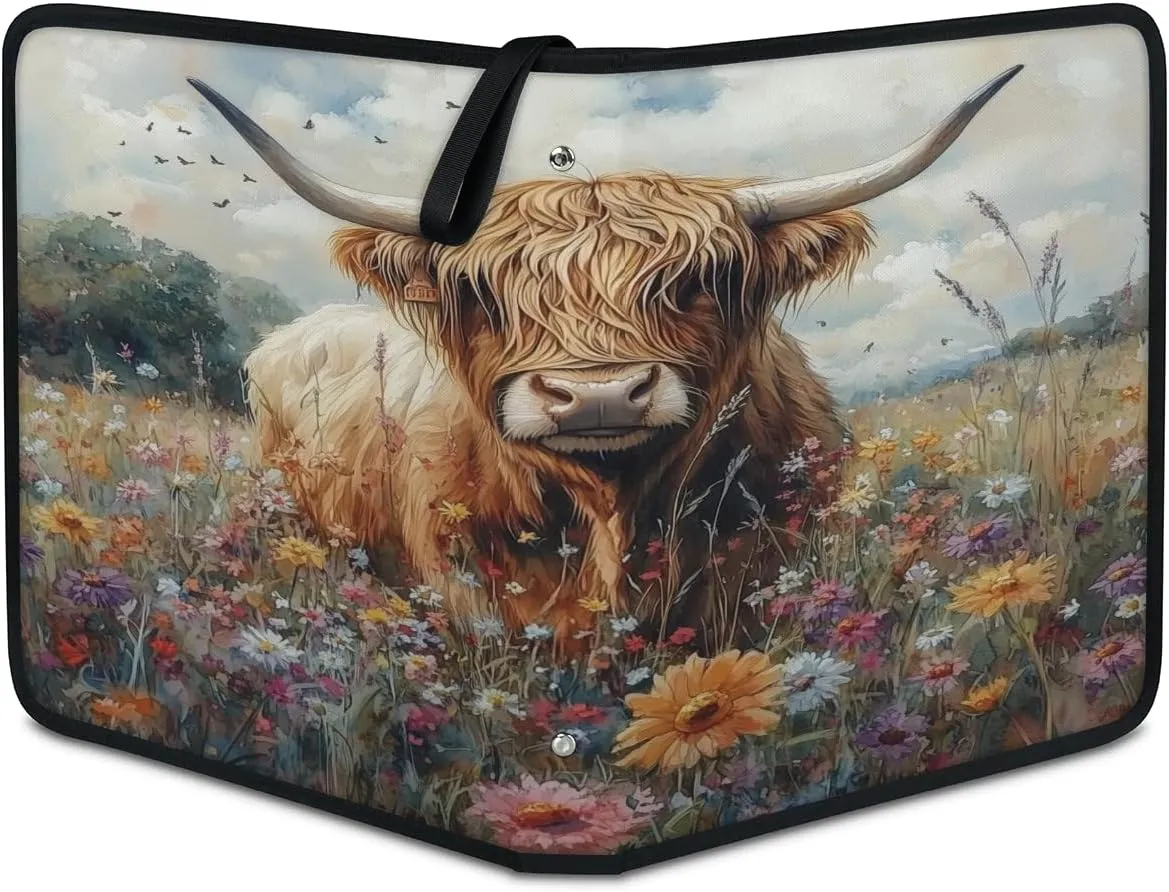 900 Card Binder 9 Pocket Flowers Paint Highland Cow Portable Trading Cards Holder Collector Album for Sports Game Cards 50 Pages Removable Sleeves Double Sided Pocket Sturdy Zipper Gifts Ready