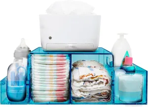 Acrylic Diaper Caddy, Baby Wipes Organizer for Changing Table, Dresser Top Tabletop Organizer with 4 Detachable Compartments, Anti-slip Rubber Feet, Newborn Baby Essentials, Blue