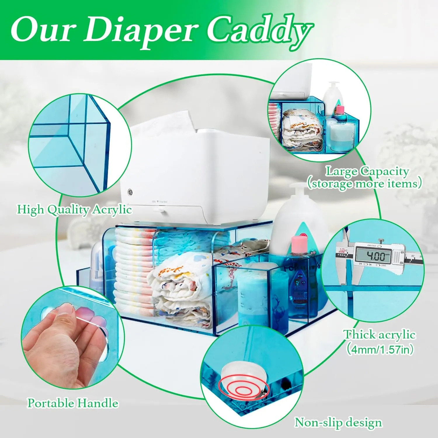 Acrylic Diaper Caddy, Baby Wipes Organizer for Changing Table, Dresser Top Tabletop Organizer with 4 Detachable Compartments, Anti-slip Rubber Feet, Newborn Baby Essentials, Blue