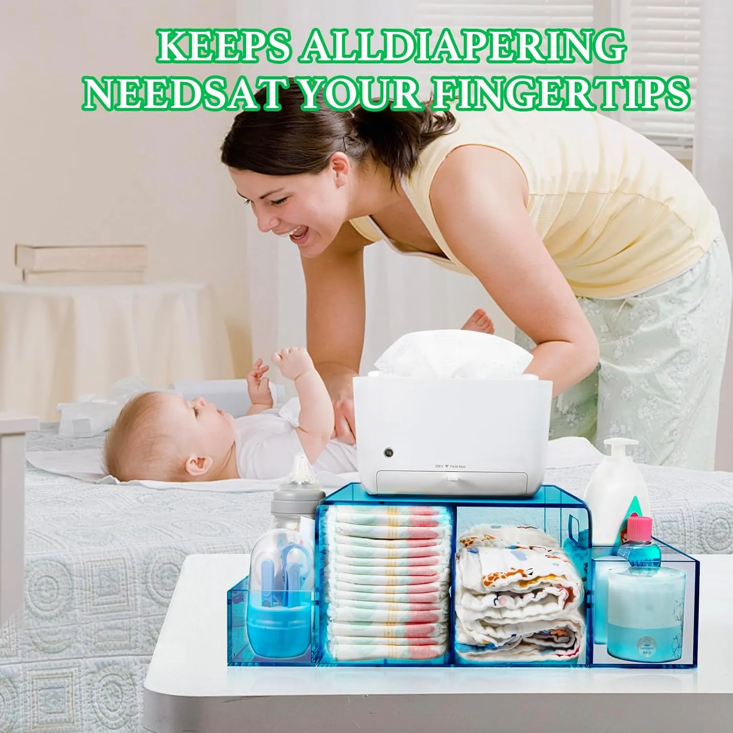 Acrylic Diaper Caddy, Baby Wipes Organizer for Changing Table, Dresser Top Tabletop Organizer with 4 Detachable Compartments, Anti-slip Rubber Feet, Newborn Baby Essentials, Blue