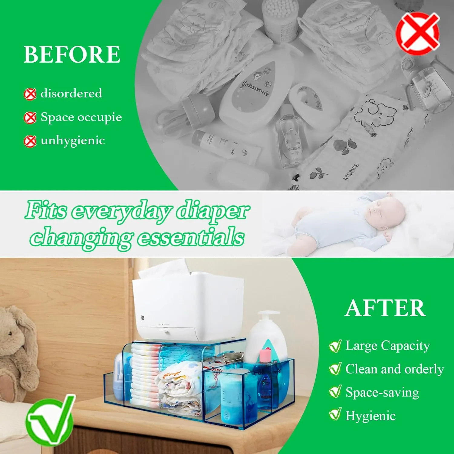 Acrylic Diaper Caddy, Baby Wipes Organizer for Changing Table, Dresser Top Tabletop Organizer with 4 Detachable Compartments, Anti-slip Rubber Feet, Newborn Baby Essentials, Blue