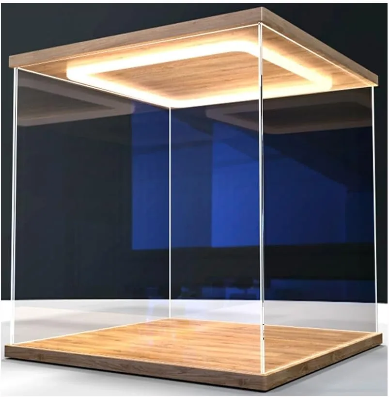 Acrylic Display Case, Clear Toys Favors Organizer Container with Door, Solid Wooden Base Showcase with Light for Figure Car Models(60x30x25cm)