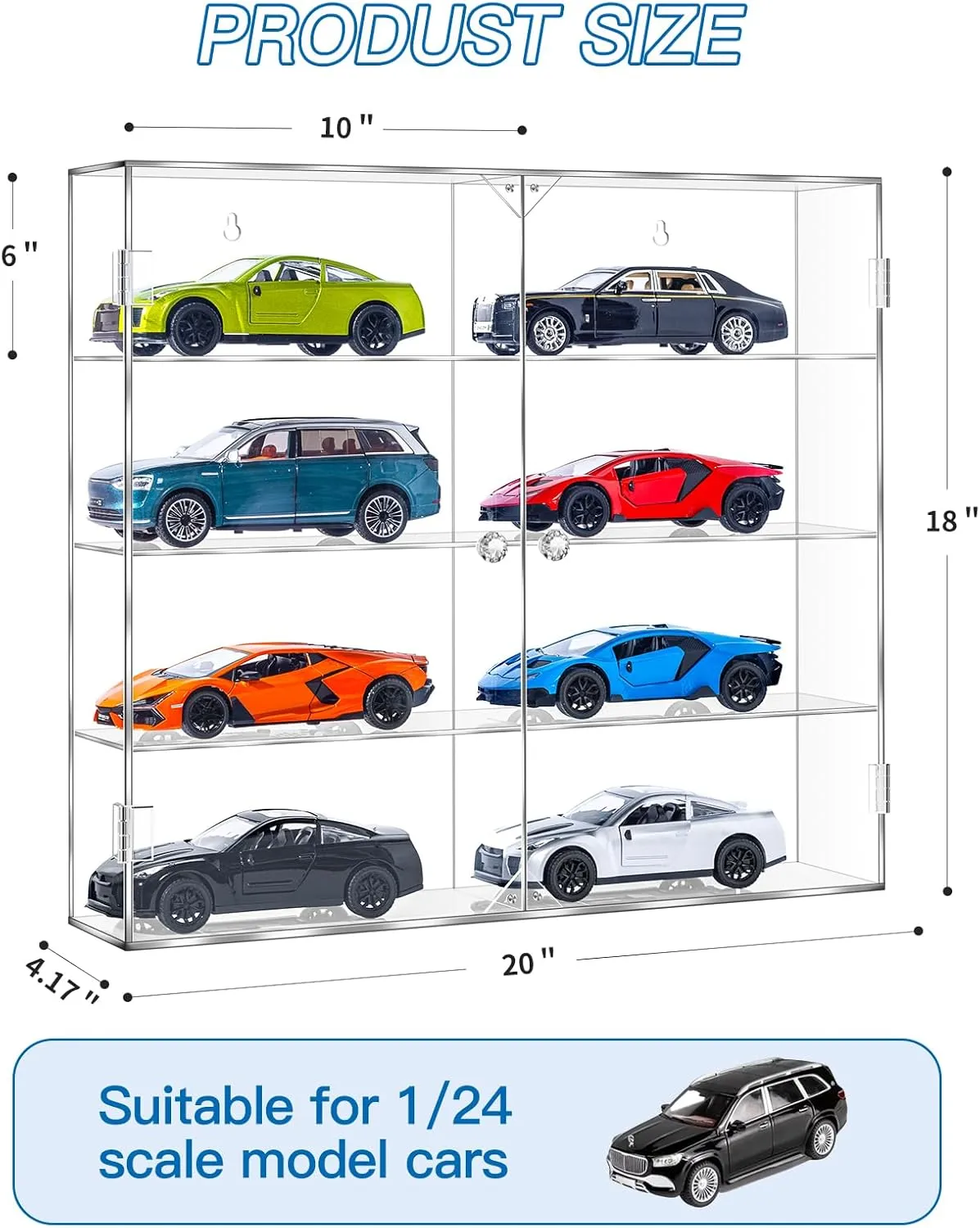 Acrylic Display Case for 1/24 Scale Diecast Storage, 4 Levels 8 Slots Toy Cars Showcase Wall Mount Or Desktop, Clear Display Organizer for Nascar Diecast Model Car Tabletop