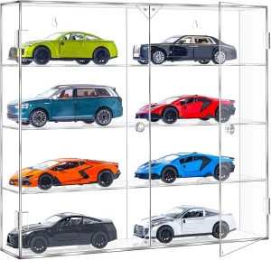 Acrylic Display Case for 1/24 Scale Diecast Storage, 4 Levels 8 Slots Toy Cars Showcase Wall Mount Or Desktop, Clear Display Organizer for Nascar Diecast Model Car Tabletop