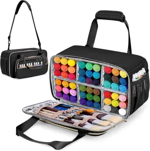 Acrylic Paint Organizer Case for 54 Bottles (2 oz), Craft Paint Storage Organizer with Shoulder Strap, Paint Bottle Organizer Bag with Brush Storage, Black