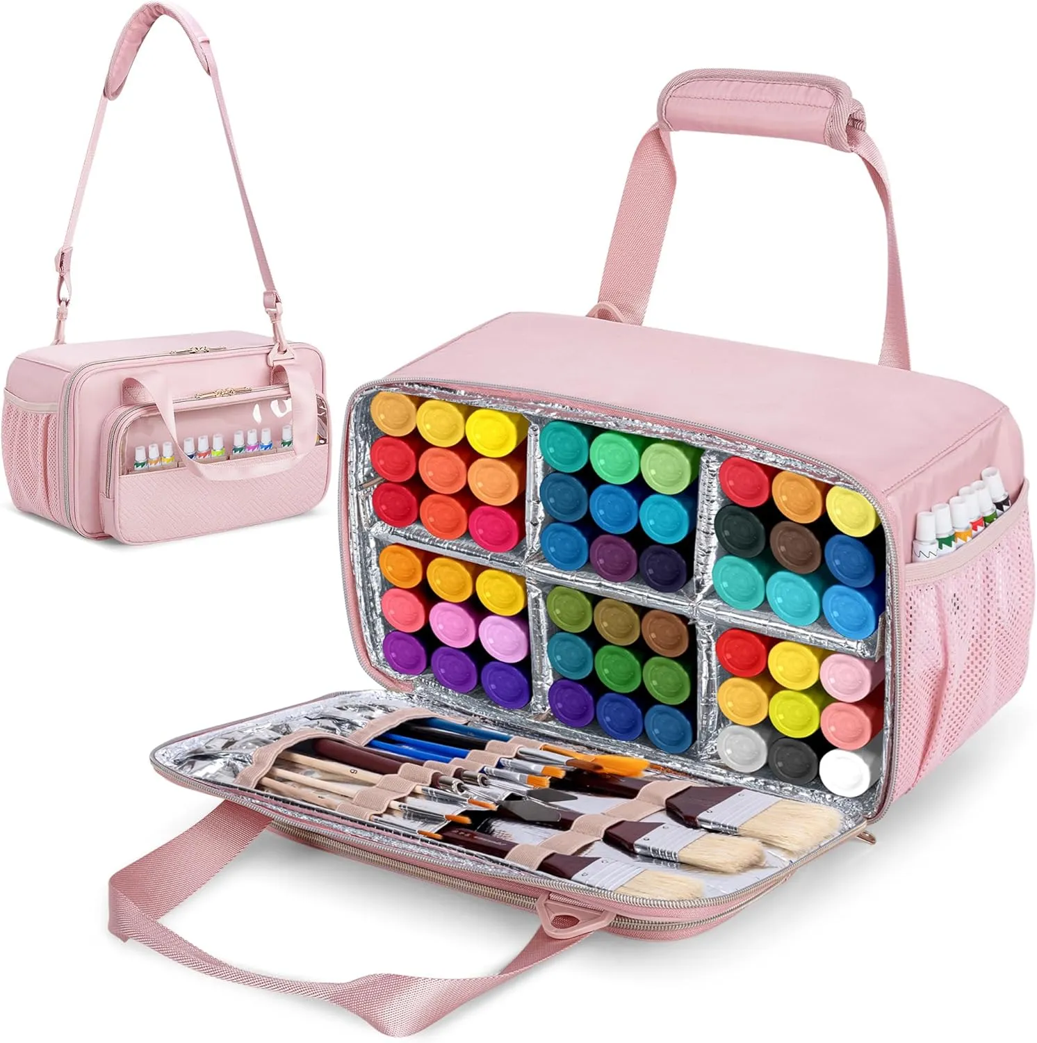 Acrylic Paint Organizer Case for 54 Bottles (2 oz), Craft Paint Storage Organizer with Shoulder Strap, Paint Bottle Organizer Bag with Brush Storage, Pink