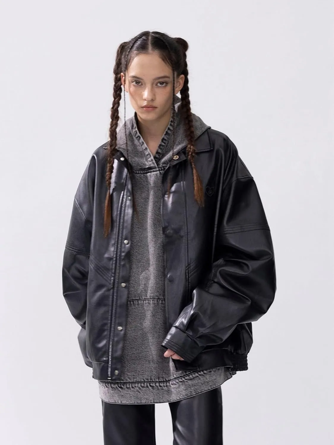 Aelfric Eden Womens Leather Jacket Oversized Y2k Faux Motorcycle Bomber Moto Biker Jackets Coats
