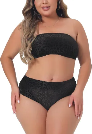 Agnes Orinda Plus Size 2 Piece Bandeau Bikini for Women Velvet Leopard Swimsuit High Waisted Bathing Suits