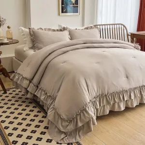 AIKASY Taupe Comforters Queen Size Set, Vintage Boho Chic Farmhouse Bedding Sets Shabby Ruffle Queen Bed Comforter Bedding 3PCS（1 Comforter and 2 Pillowcases）