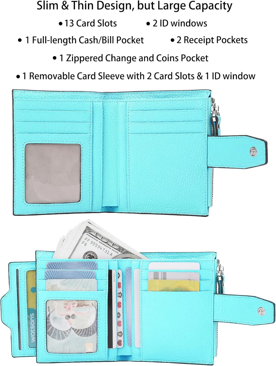 AINIMOER Women's RFID Blocking Leather Small Compact Bi-fold Zipper Pocket Wallet Card Case Purse with id Window