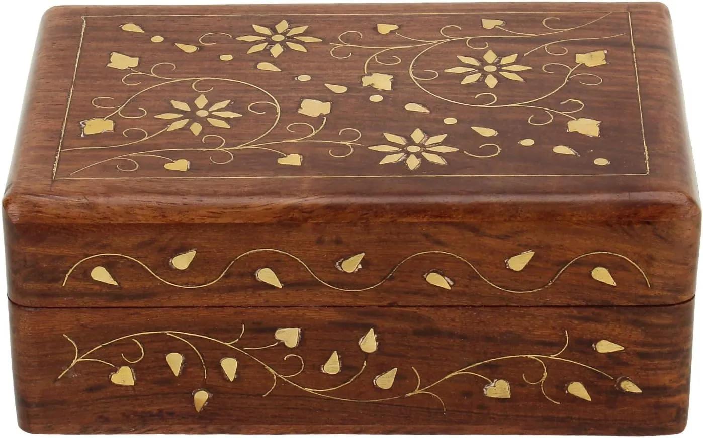 Ajuny Hand Carved Wooden Decorative Jewelry Storage Box with Floral Carvings Design Brass Inlay Keepsake Travel Treasure Chest Trinket Holder Organiser Great Gifts