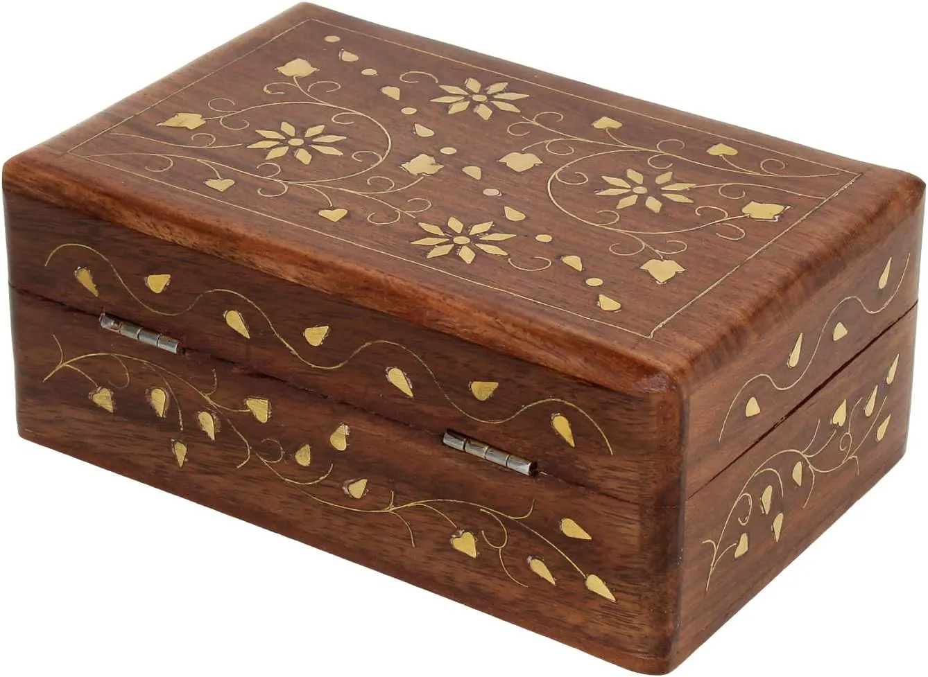 Ajuny Hand Carved Wooden Decorative Jewelry Storage Box with Floral Carvings Design Brass Inlay Keepsake Travel Treasure Chest Trinket Holder Organiser Great Gifts