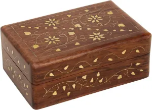 Ajuny Hand Carved Wooden Decorative Jewelry Storage Box with Floral Carvings Design Brass Inlay Keepsake Travel Treasure Chest Trinket Holder Organiser Great Gifts