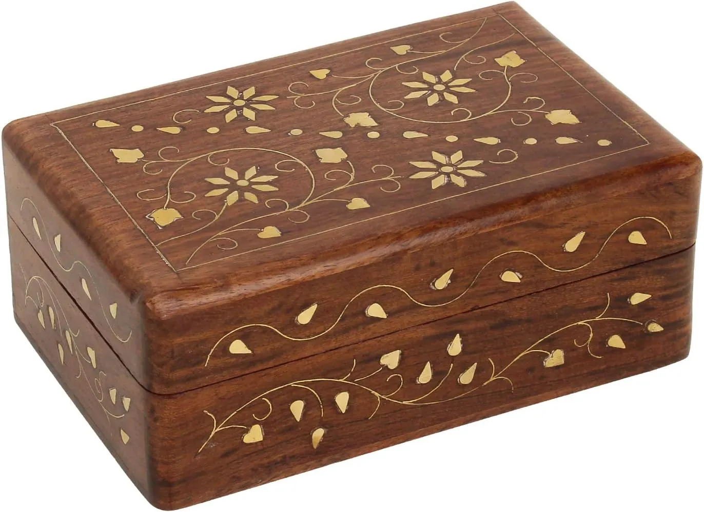 Ajuny Hand Carved Wooden Decorative Jewelry Storage Box with Floral Carvings Design Brass Inlay Keepsake Travel Treasure Chest Trinket Holder Organiser Great Gifts