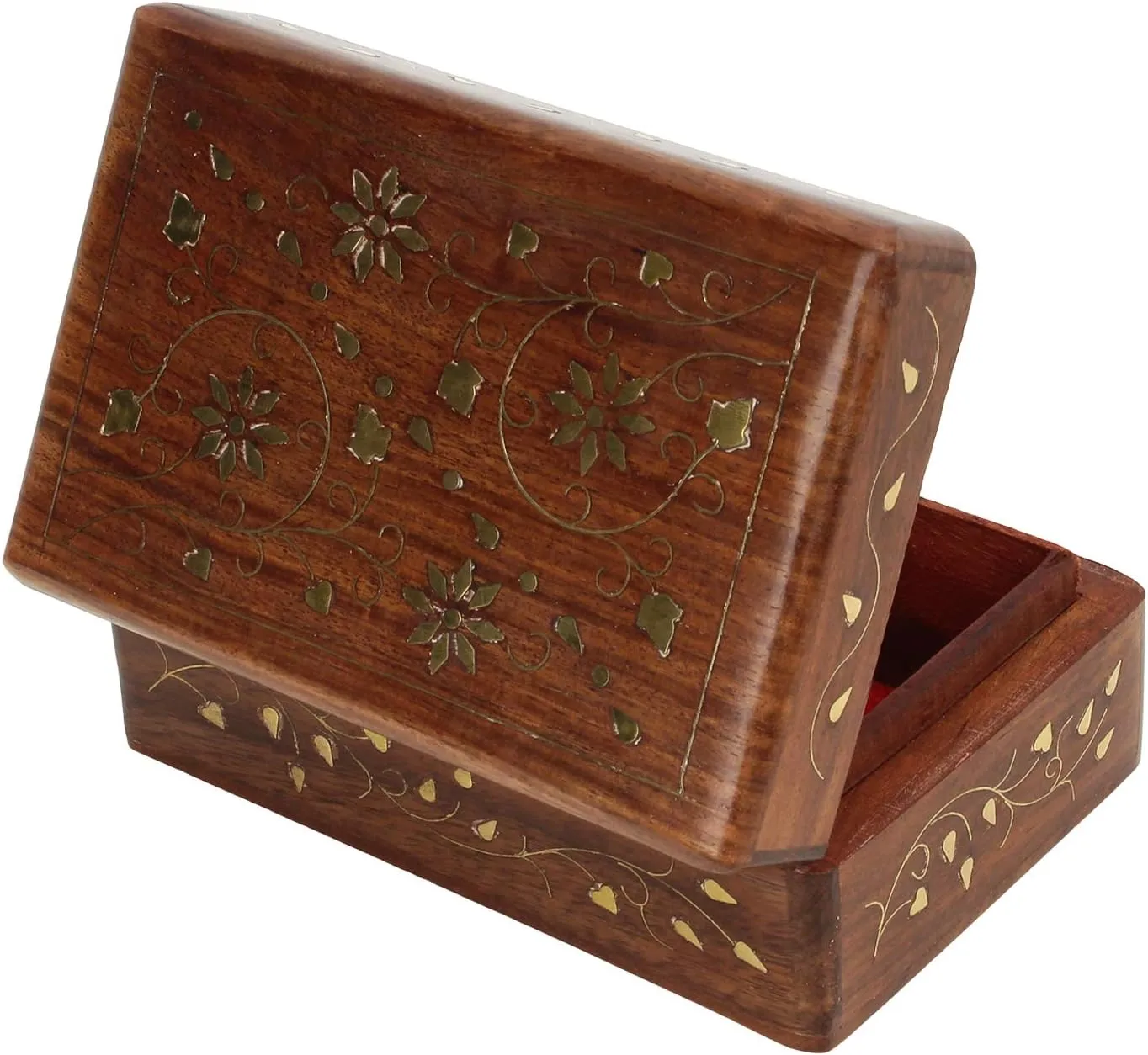 Ajuny Hand Carved Wooden Decorative Jewelry Storage Box with Floral Carvings Design Brass Inlay Keepsake Travel Treasure Chest Trinket Holder Organiser Great Gifts