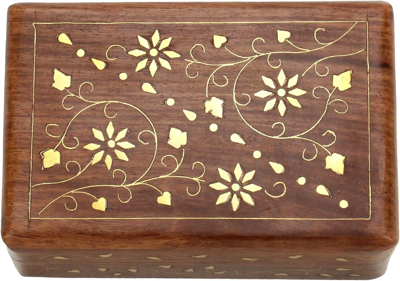 Ajuny Hand Carved Wooden Decorative Jewelry Storage Box with Floral Carvings Design Brass Inlay Keepsake Travel Treasure Chest Trinket Holder Organiser Great Gifts