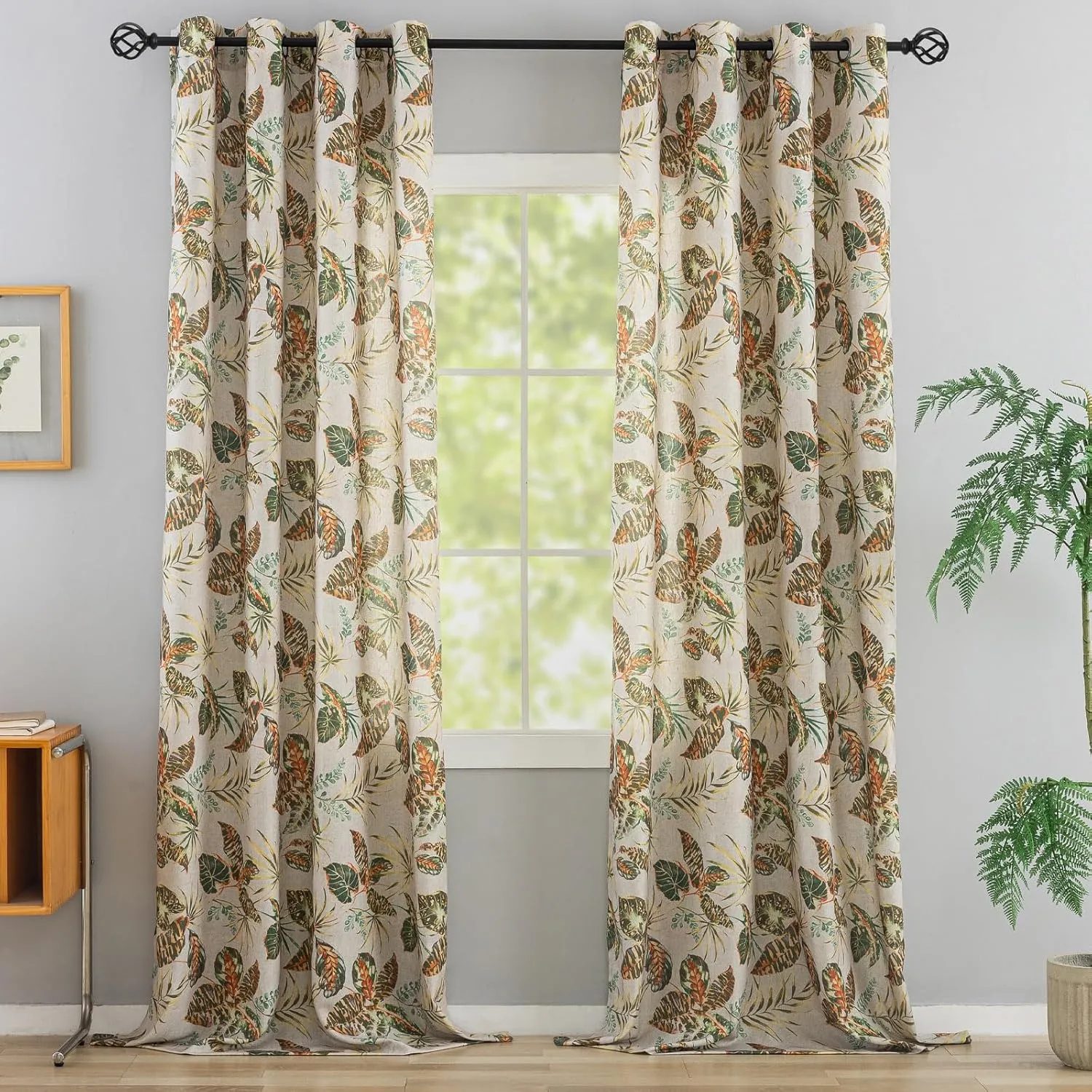 ALIGOGO Linen Texture Toile Curtains - 84 Inch Length, Exotic Tropical Leaf Pattern, Botanical Farmhouse Country Curtains - Rod Pocket, Light Filtering Window Drapes - 2 Panels, 50" W x 84" L