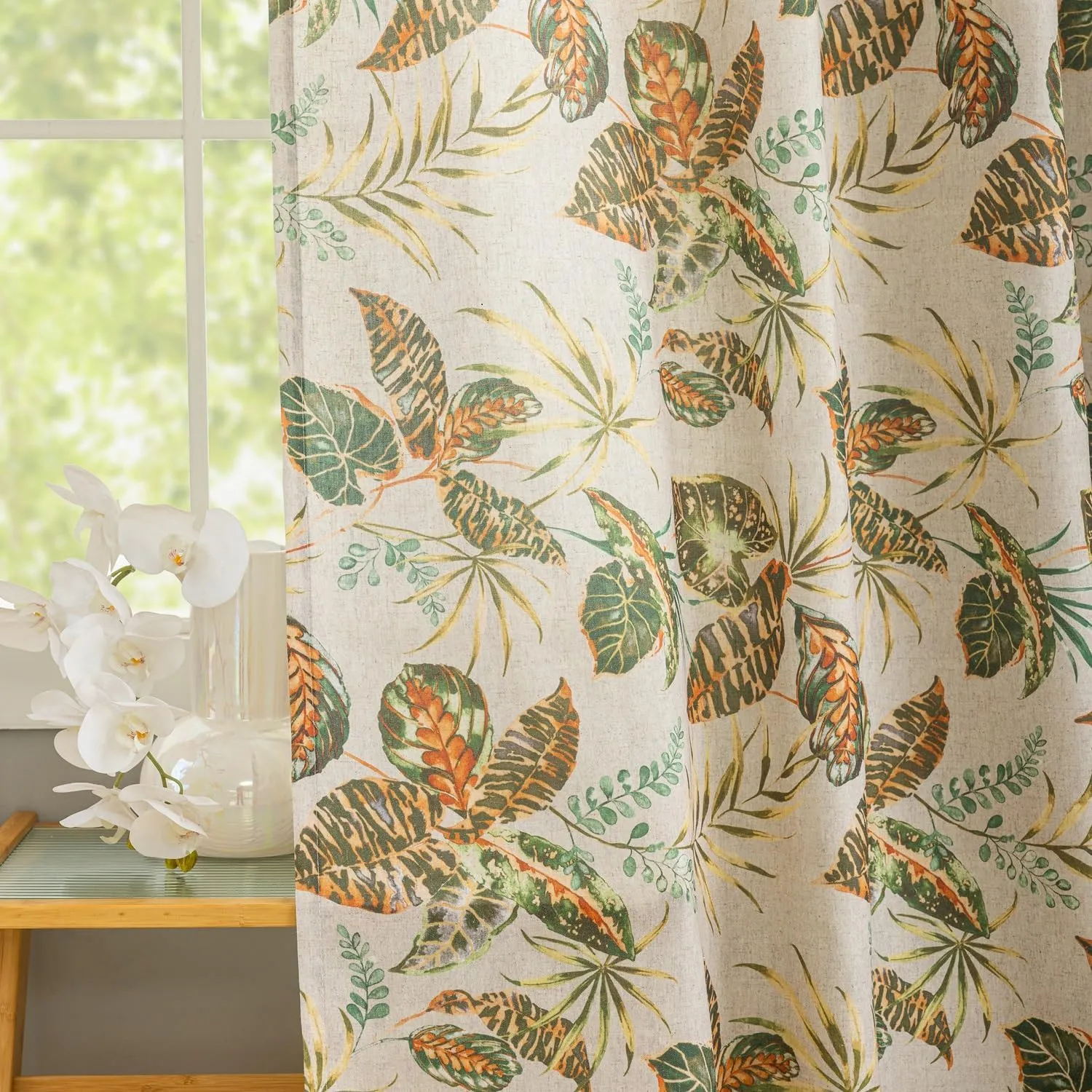 ALIGOGO Linen Texture Toile Curtains - 84 Inch Length, Exotic Tropical Leaf Pattern, Botanical Farmhouse Country Curtains - Rod Pocket, Light Filtering Window Drapes - 2 Panels, 50" W x 84" L