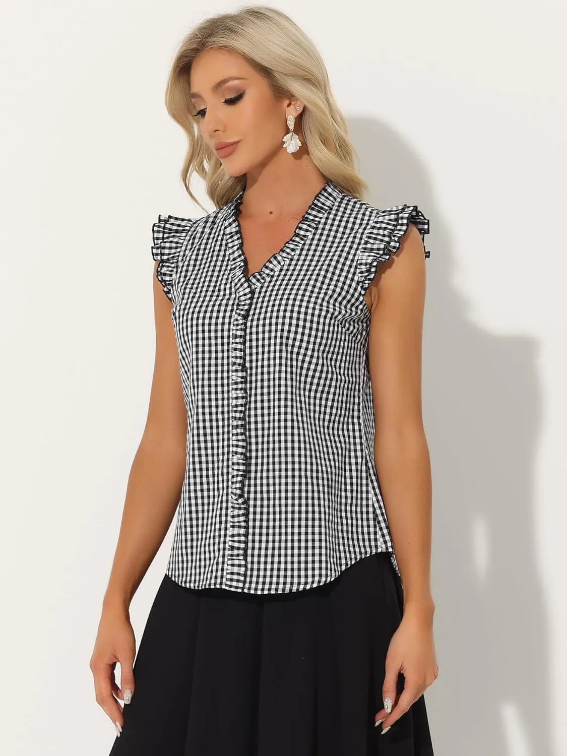 Allegra K Gingham Tank Tops for Women's Plaid 50s Cap Sleeve Ruffle Shirt