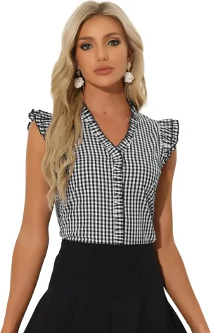 Allegra K Gingham Tank Tops for Women's Plaid 50s Cap Sleeve Ruffle Shirt