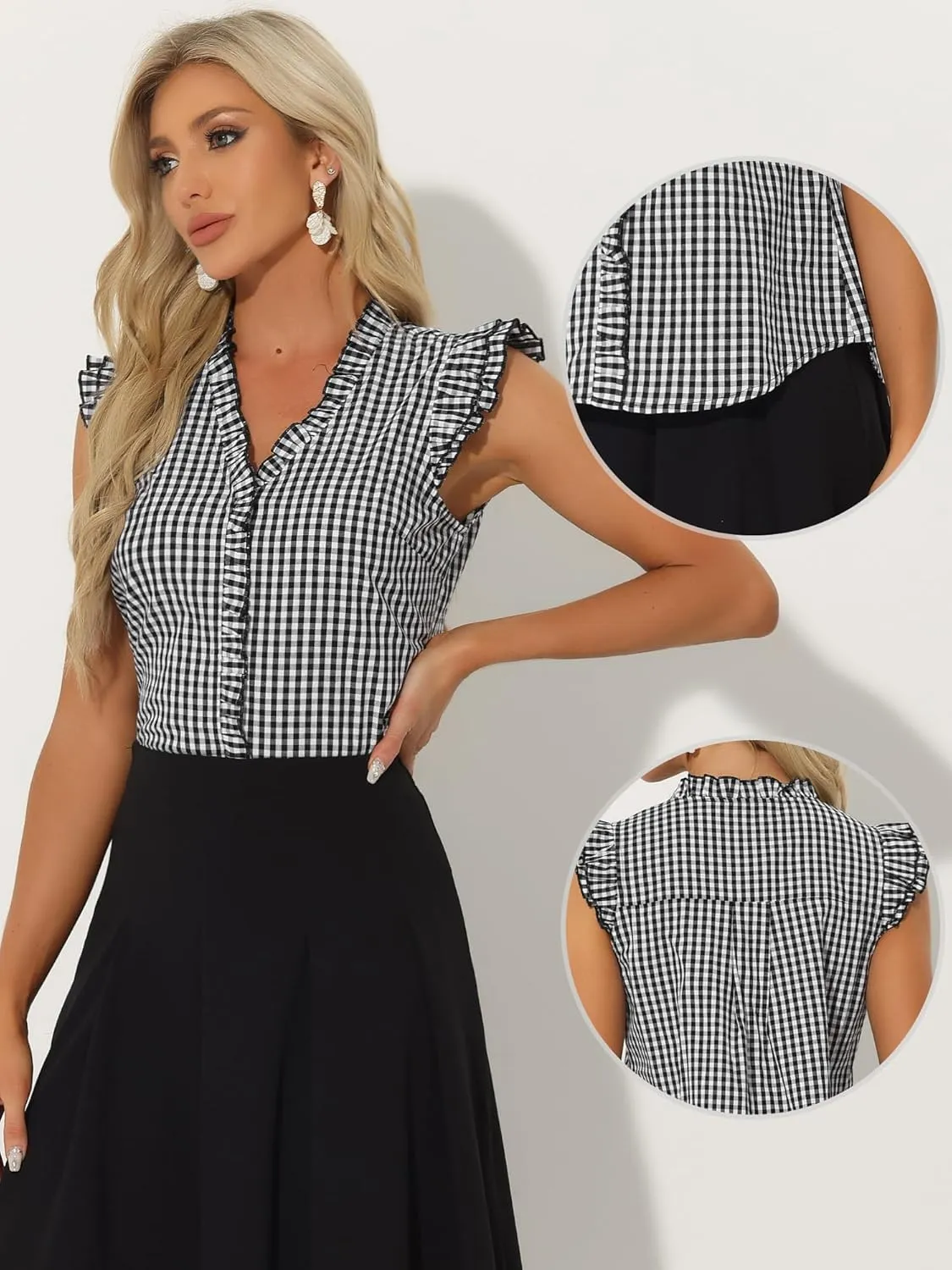 Allegra K Gingham Tank Tops for Women's Plaid 50s Cap Sleeve Ruffle Shirt