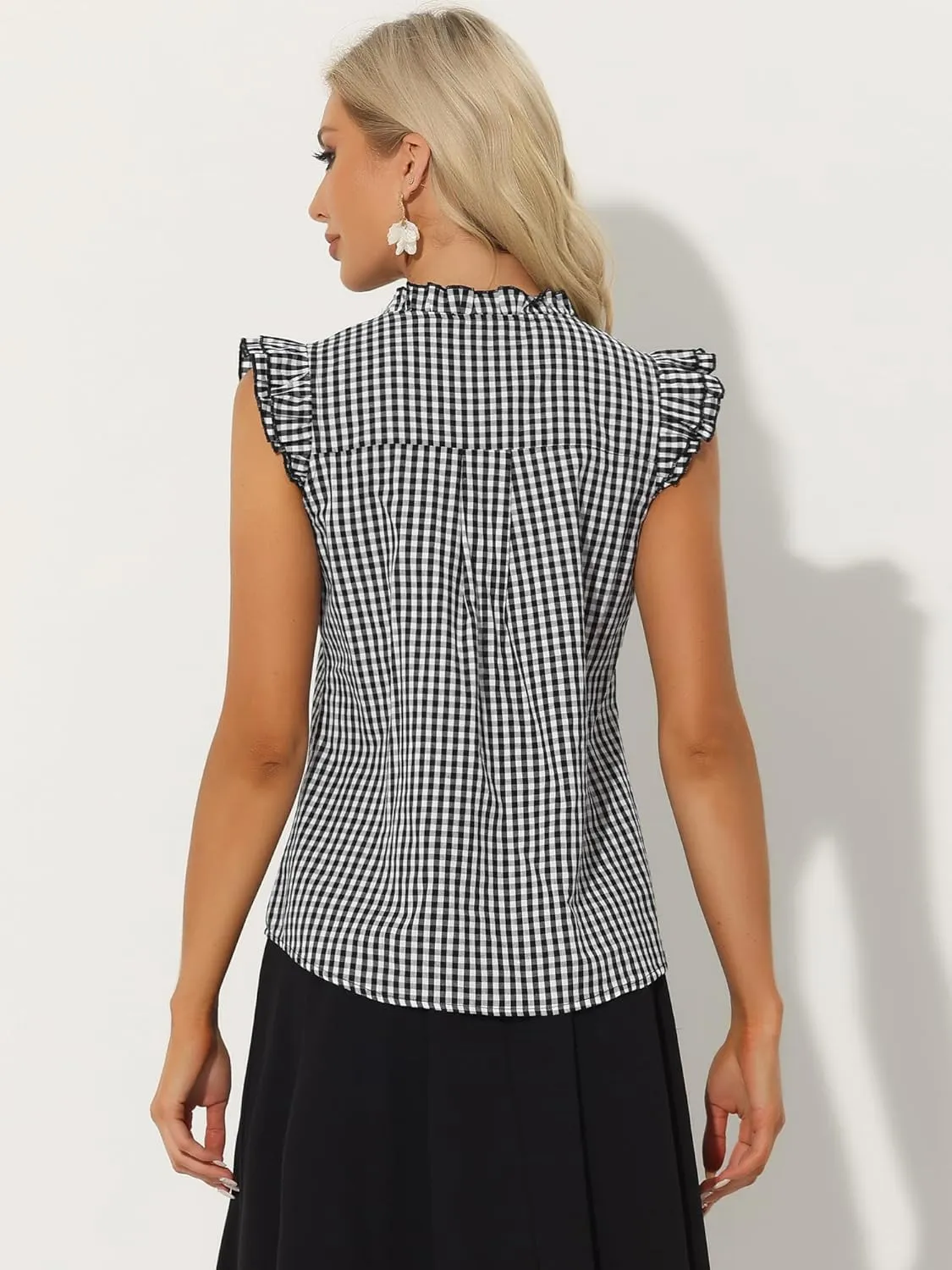 Allegra K Gingham Tank Tops for Women's Plaid 50s Cap Sleeve Ruffle Shirt
