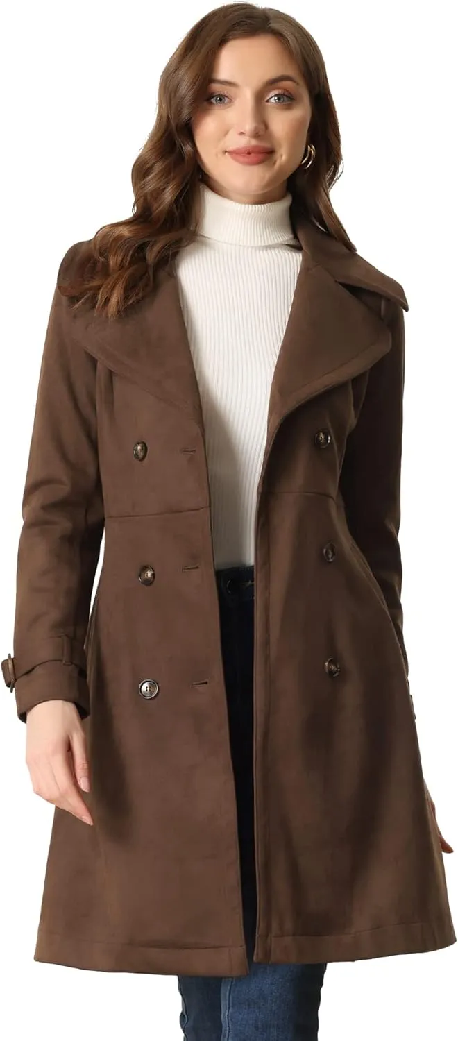 Allegra K Women's Faux Suede Trench Coat Jacket Classic 2023 Fall Winter Double Breasted Overcoat