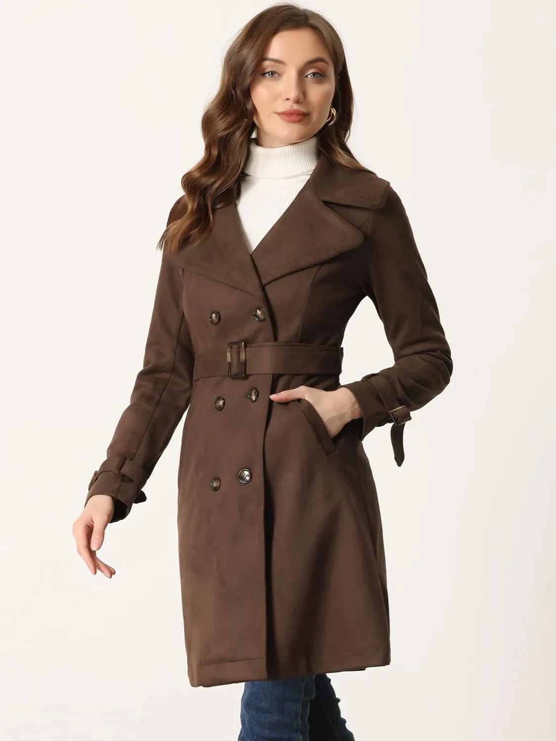 Allegra K Women's Faux Suede Trench Coat Jacket Classic 2023 Fall Winter Double Breasted Overcoat
