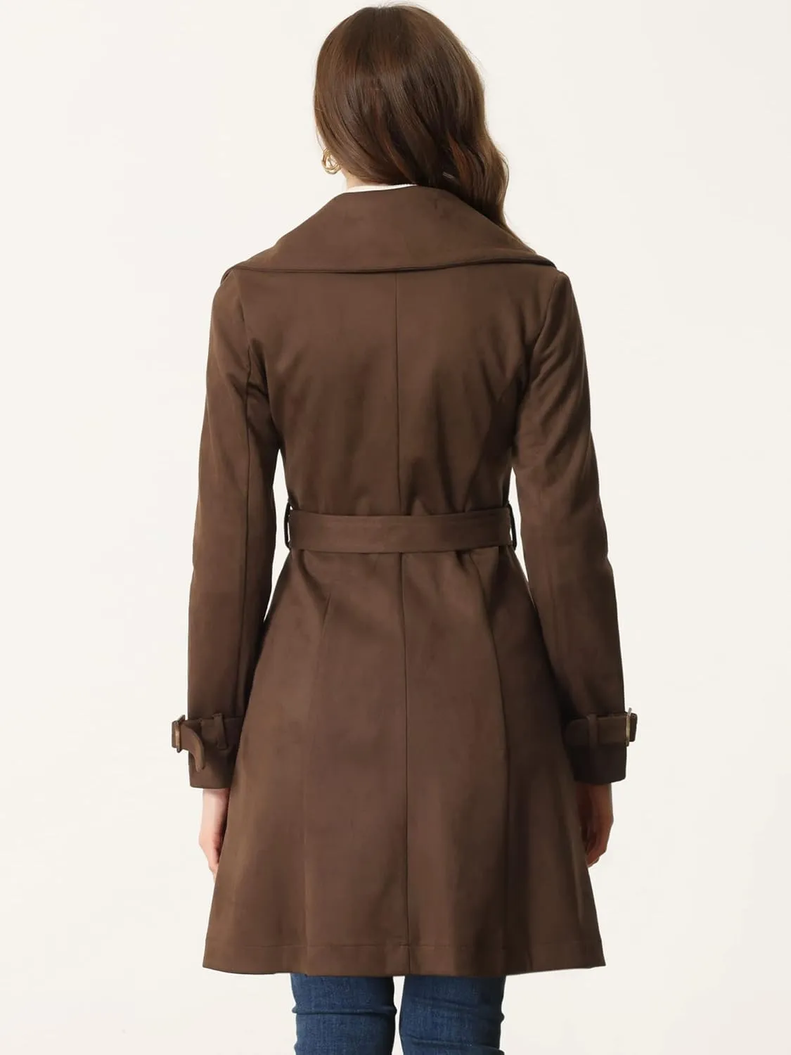Allegra K Women's Faux Suede Trench Coat Jacket Classic 2023 Fall Winter Double Breasted Overcoat