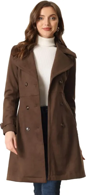 Allegra K Women's Faux Suede Trench Coat Jacket Classic 2023 Fall Winter Double Breasted Overcoat