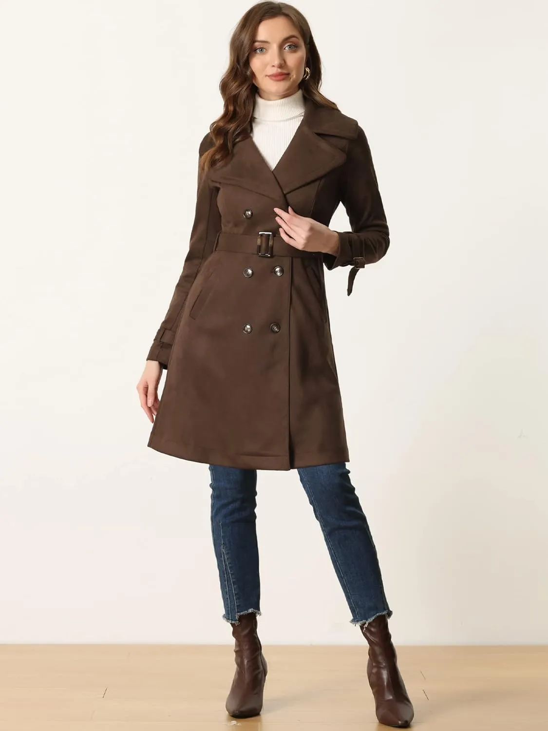 Allegra K Women's Faux Suede Trench Coat Jacket Classic 2023 Fall Winter Double Breasted Overcoat