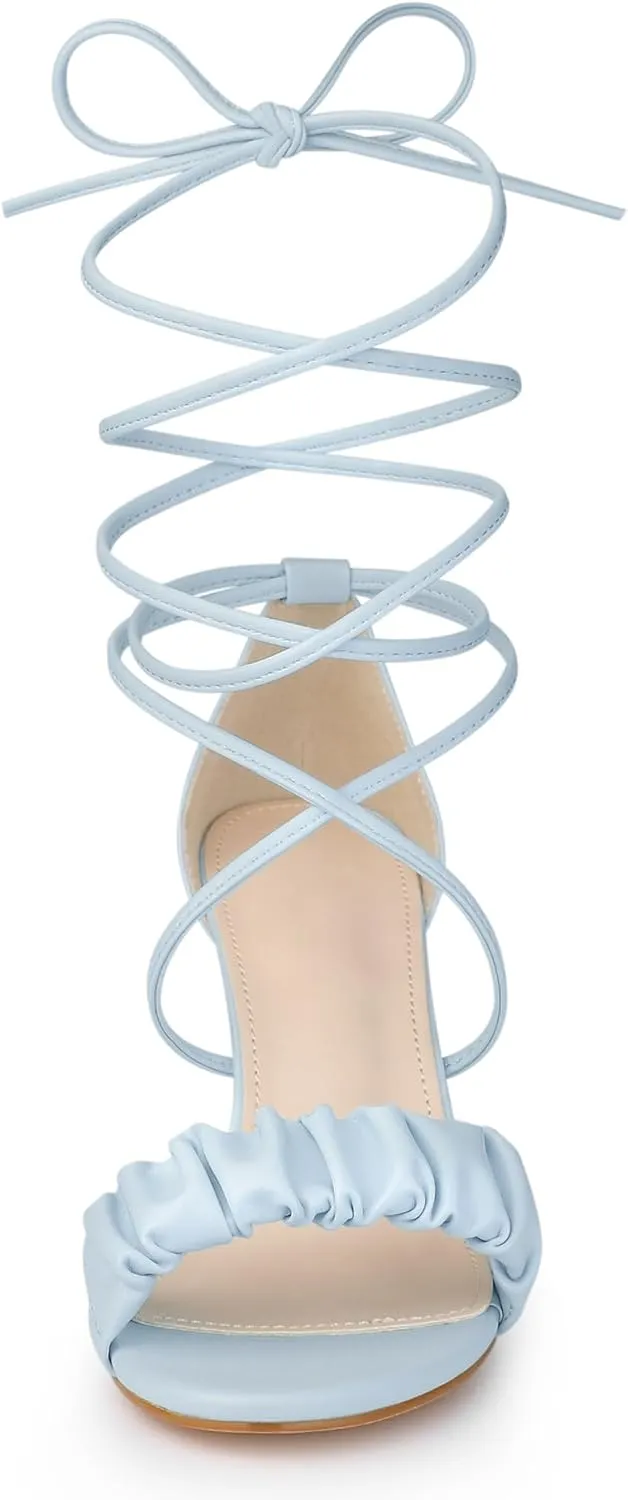 Allegra K Women's Lace Up Ruched Strap Chunky Heels Strappy Sandals