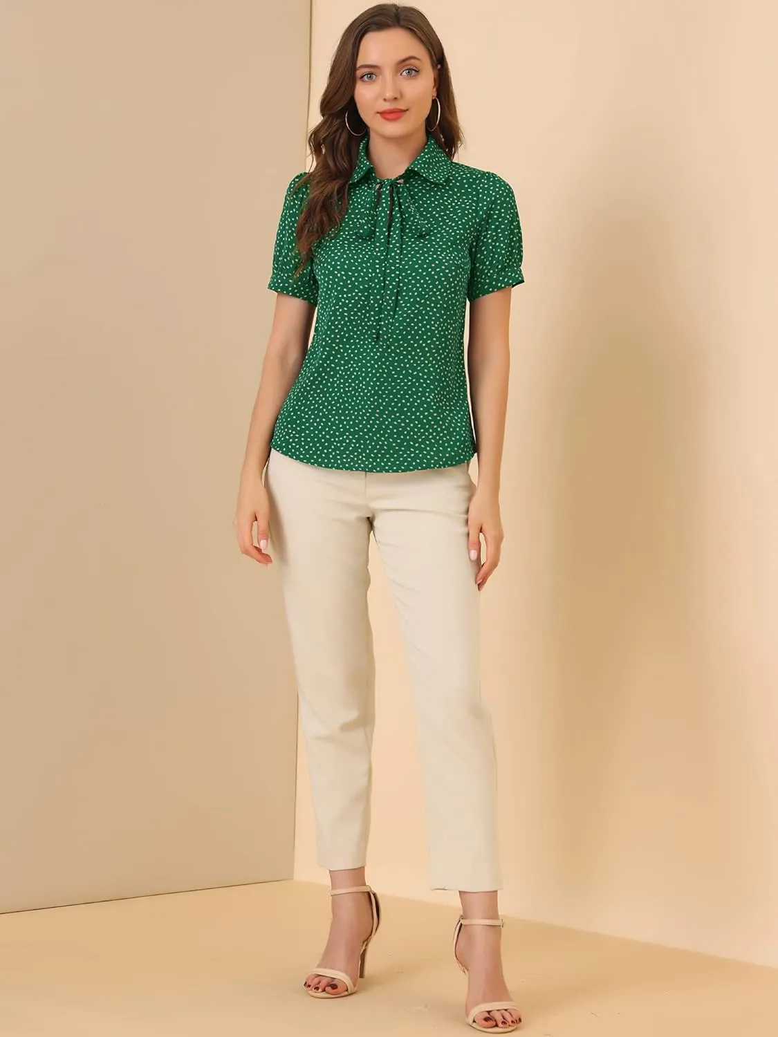 Allegra K Women's Retro Blouses Printed Bow Tie Peter Pan Collar Chiffon Blouse