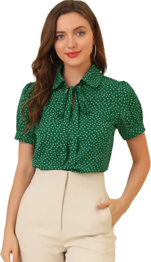Allegra K Women's Retro Blouses Printed Bow Tie Peter Pan Collar Chiffon Blouse
