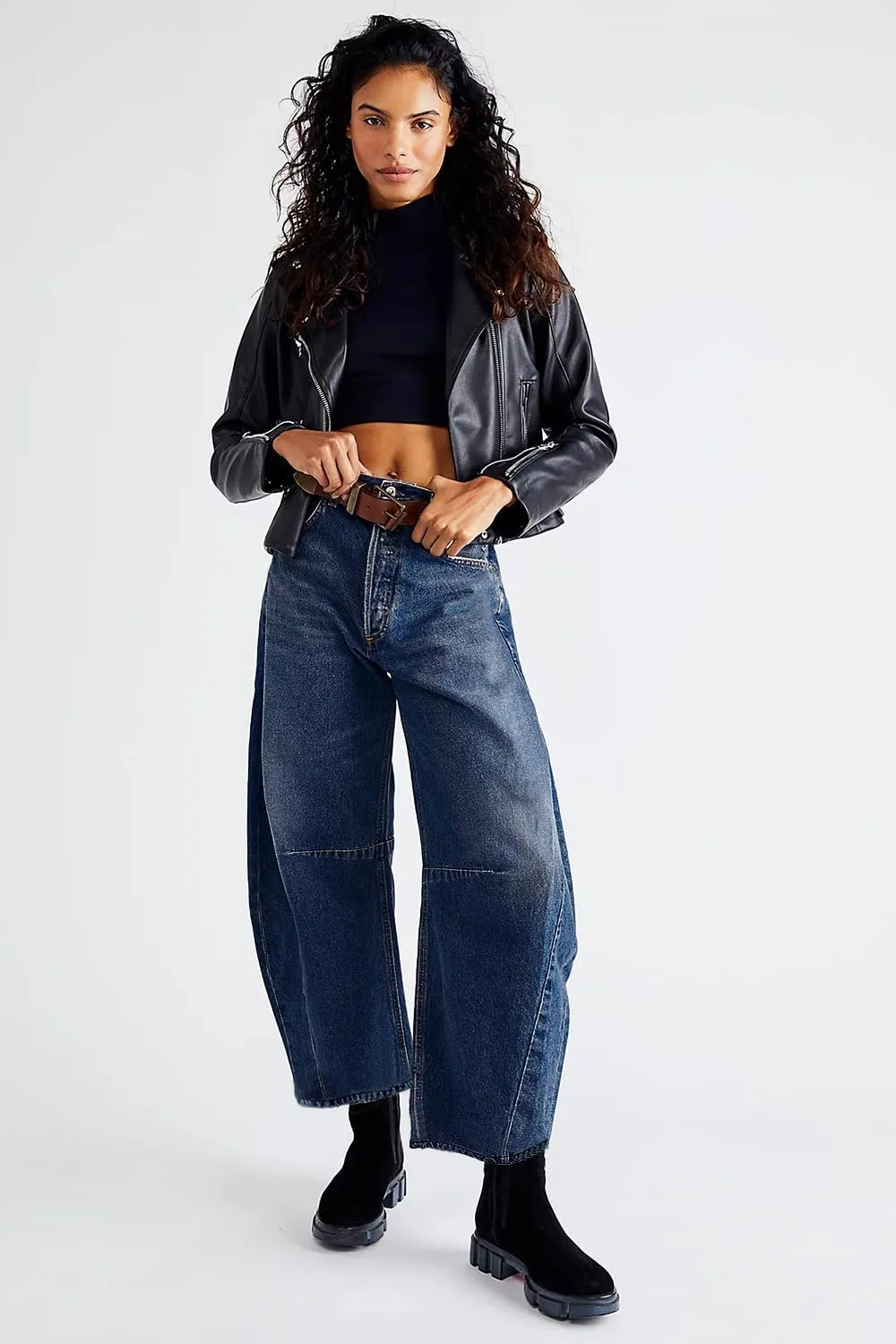 Allimy Womens Jeans Mid High Waisted Wide Leg Cut Horseshoe Baggy Raw Hem Jeans for Women Trendy 2025 Denim Pants