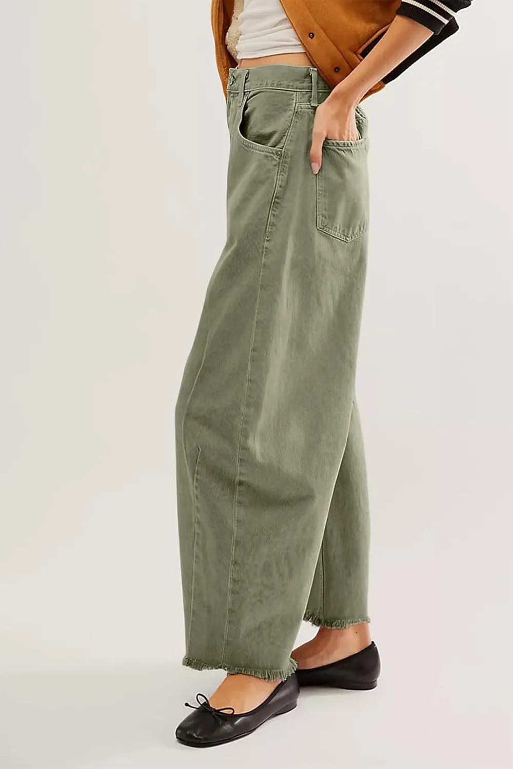 Allimy Womens Jeans Mid High Waisted Wide Leg Cut Horseshoe Baggy Raw Hem Jeans for Women Trendy 2025 Denim Pants