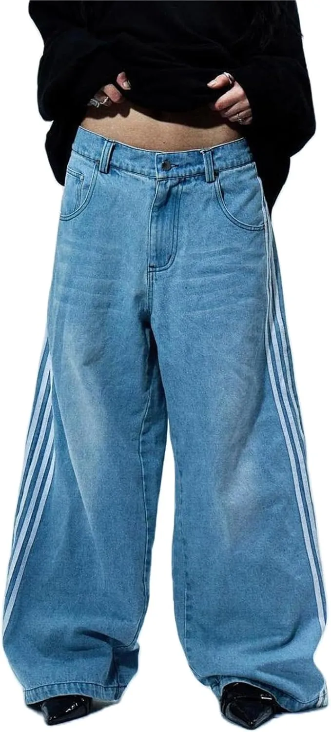 Alyweatry Men’s Vintage Baggy Jeans Oversized Low Rise Y2k Striped Skateboard Denim Track Jeans Streetwear