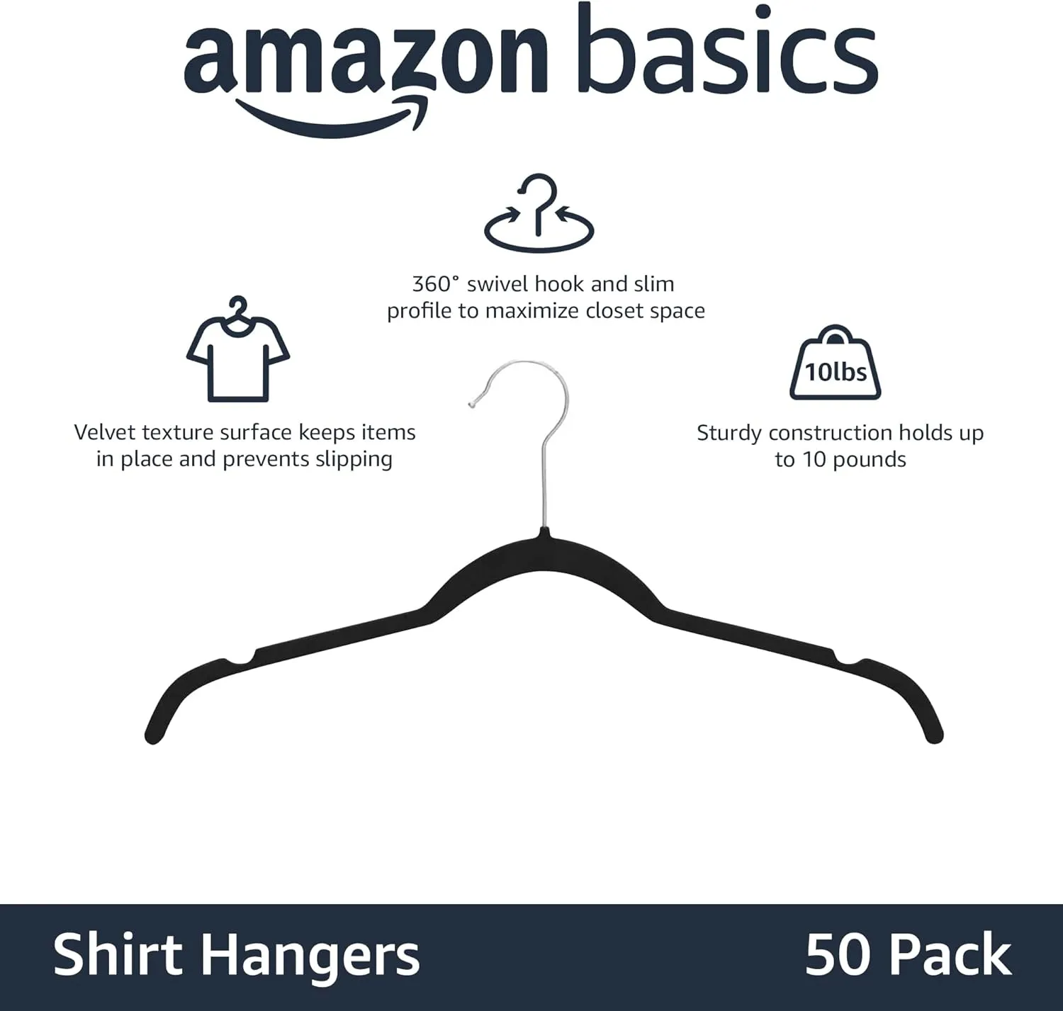 Amazon Basics Non-Slip Shirt Clothes Hangers Velvet, Space-Saving Slim, Sturdy, Black, Pack of 50