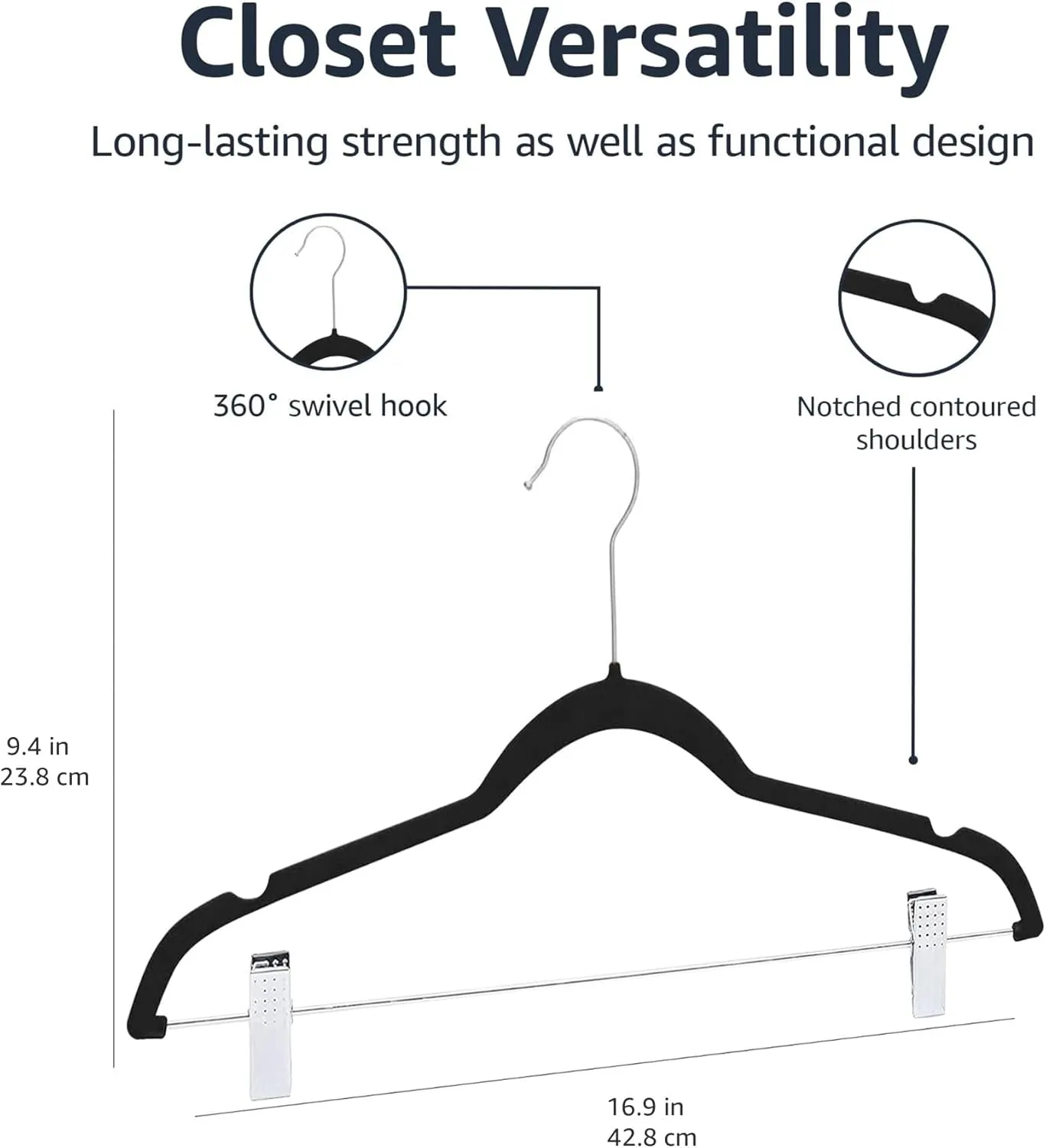 Amazon Basics Velvet, Non-Slip Skirt Clothes Hangers with Clips, Organize Pants and Skirts, Black/Silver, Pack of 24