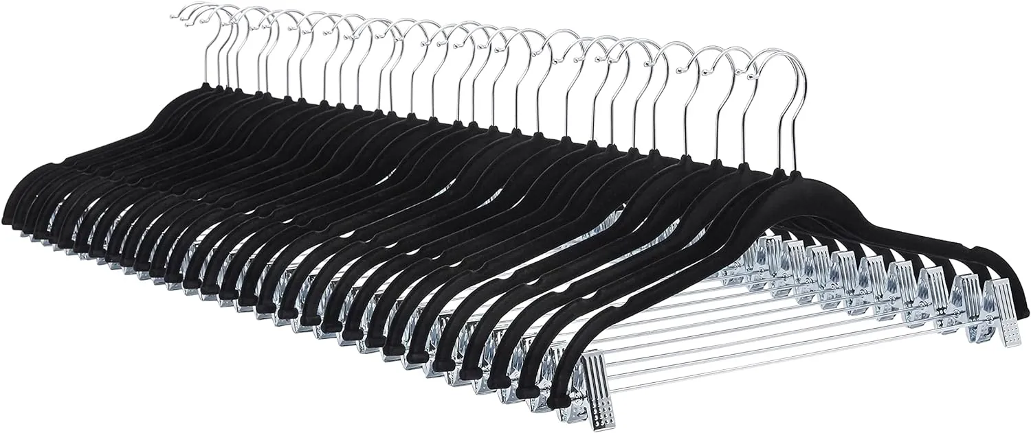 Amazon Basics Velvet, Non-Slip Skirt Clothes Hangers with Clips, Organize Pants and Skirts, Black/Silver, Pack of 24