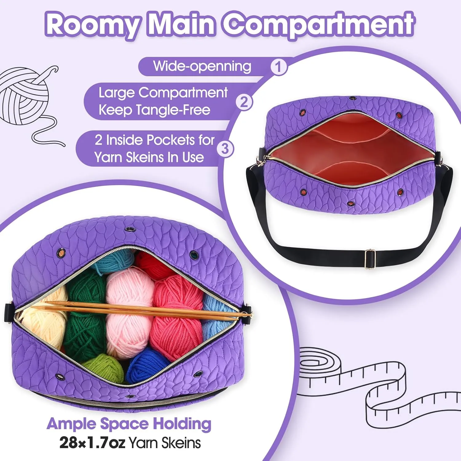 AMBESTAR Knitting Bag for Yarn Organizer, Big Capacity Yarn Bags for Women, Spacious Yarn Holder Portable Bag for Knitting Set, Useful for Travel or On The Go, Mother's Day Gift, Violet