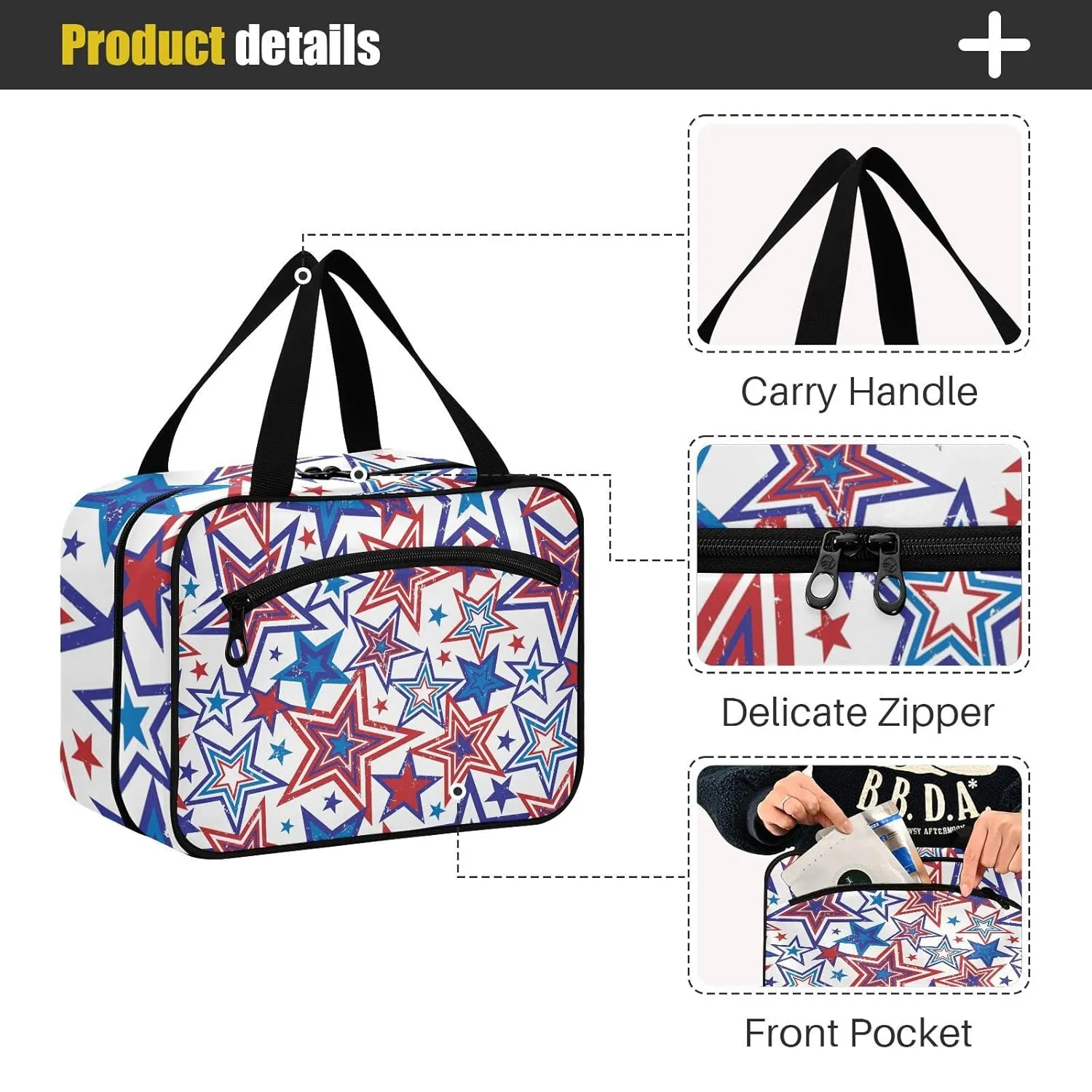 American Blue Red Stars July 4th Seamless on White 1 PC Hanging Travel Wash bag with Handles, Portable Makeup Organizer Brush Storage Case Portable Travel Cosmetic with Hook L