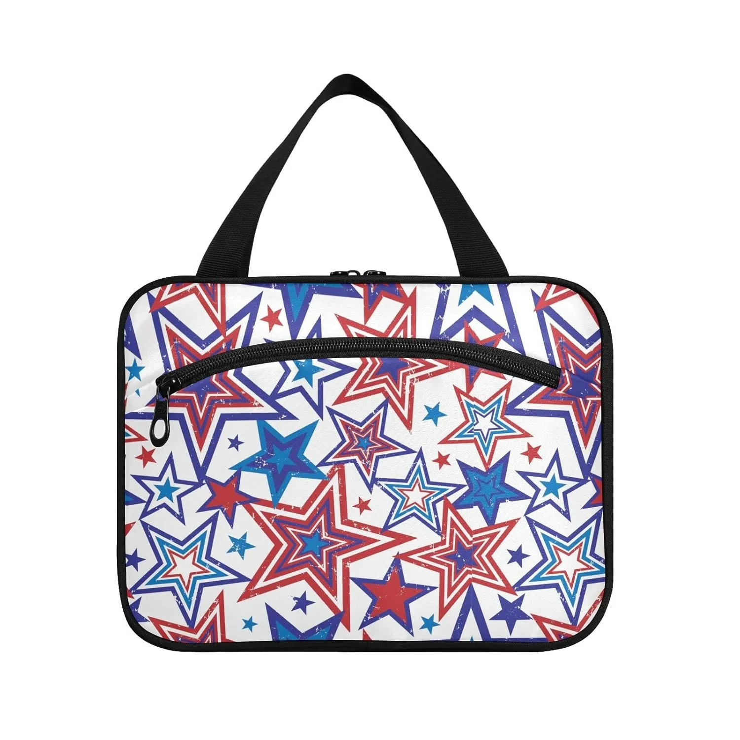 American Blue Red Stars July 4th Seamless on White 1 PC Hanging Travel Wash bag with Handles, Portable Makeup Organizer Brush Storage Case Portable Travel Cosmetic with Hook L