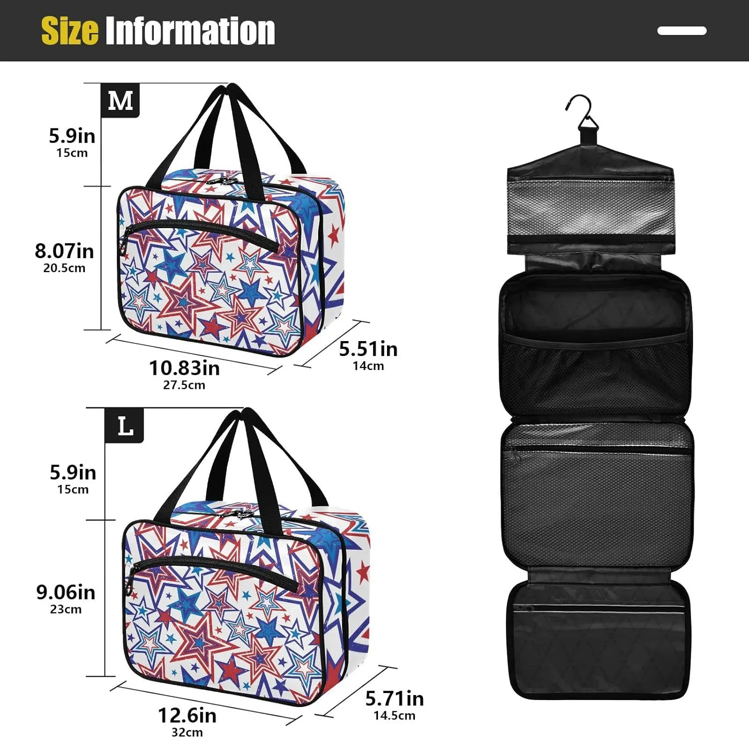 American Blue Red Stars July 4th Seamless on White 1 PC Hanging Travel Wash bag with Handles, Portable Makeup Organizer Brush Storage Case Portable Travel Cosmetic with Hook L