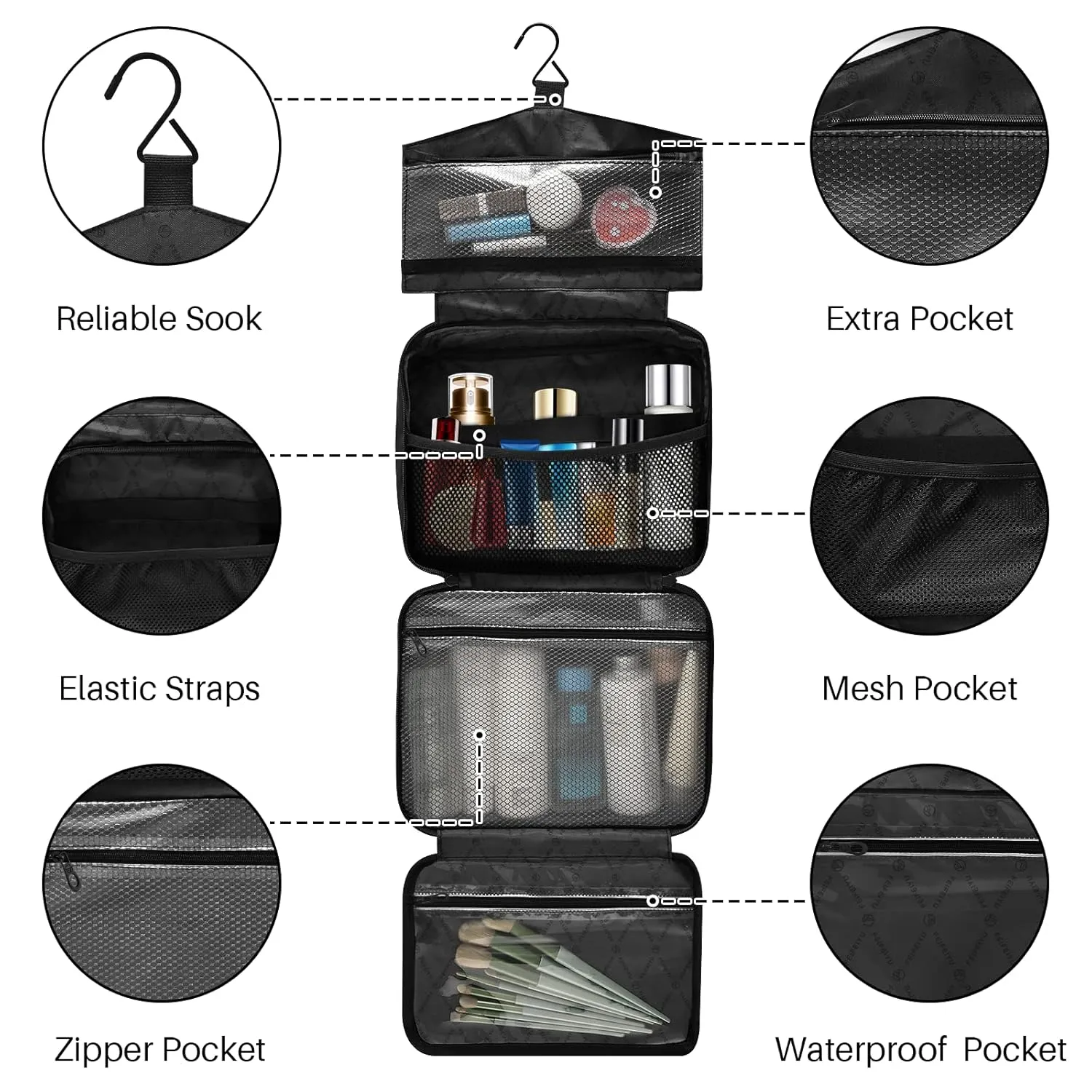 American Blue Red Stars July 4th Seamless on White 1 PC Hanging Travel Wash bag with Handles, Portable Makeup Organizer Brush Storage Case Portable Travel Cosmetic with Hook L