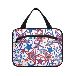 American Blue Red Stars July 4th Seamless on White 1 PC Hanging Travel Wash bag with Handles, Portable Makeup Organizer Brush Storage Case Portable Travel Cosmetic with Hook L
